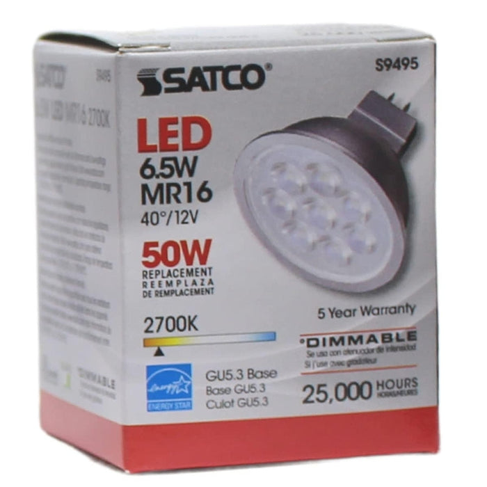 Satco 6.5 Watt - LED MR16 LED - 2700K - 40 deg. Beam Angle - GU5.3 base - 12 Volt AC/DC - 12 Pack S9495-12