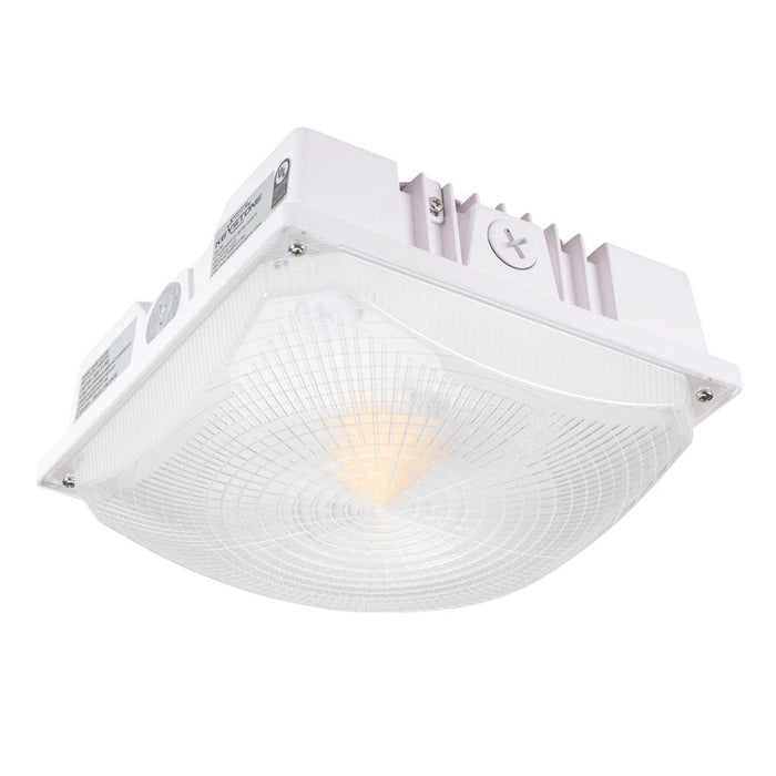 Keystone 60/50/40W Power Select LED Canopy.  Color Select 3000/4000/5000K.  Built in Photocell.  Microwave Sensor Receptacle.  10" Square Housing.  120-277V Input.  160° Beam Angle