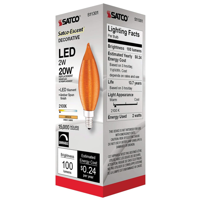 SATCO 2 Watt CA11 LED - Satin Spun Amber - Candelabra base - 2100K - 120 Volt S11301