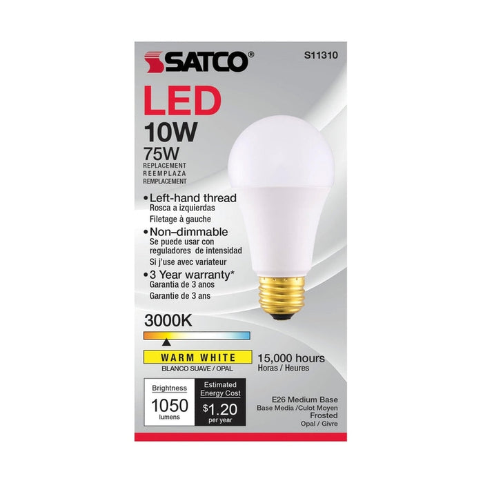 SATCO 10 Watt A19 LED - 3000K - Medium base - 120 Volt - Left Hand Thread S11310