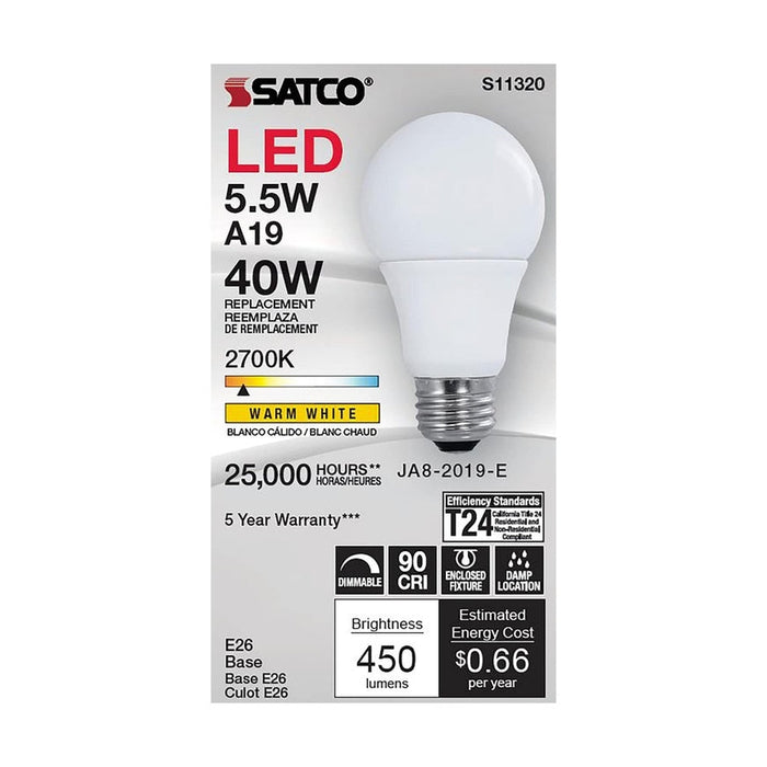 SATCO 5.5 Watt - A19 LED - 2700K - Medium base - 220 deg. Beam Angle - 120 Volt S11320