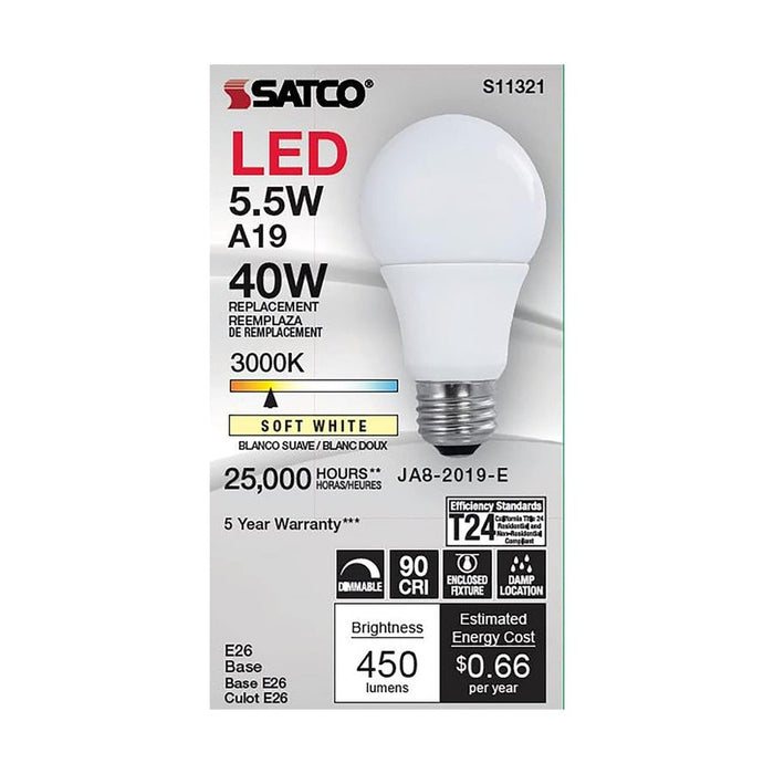 SATCO 5.5 Watt - A19 LED - 3000K - Medium base - 220 deg. Beam Angle - 120 Volt S11321