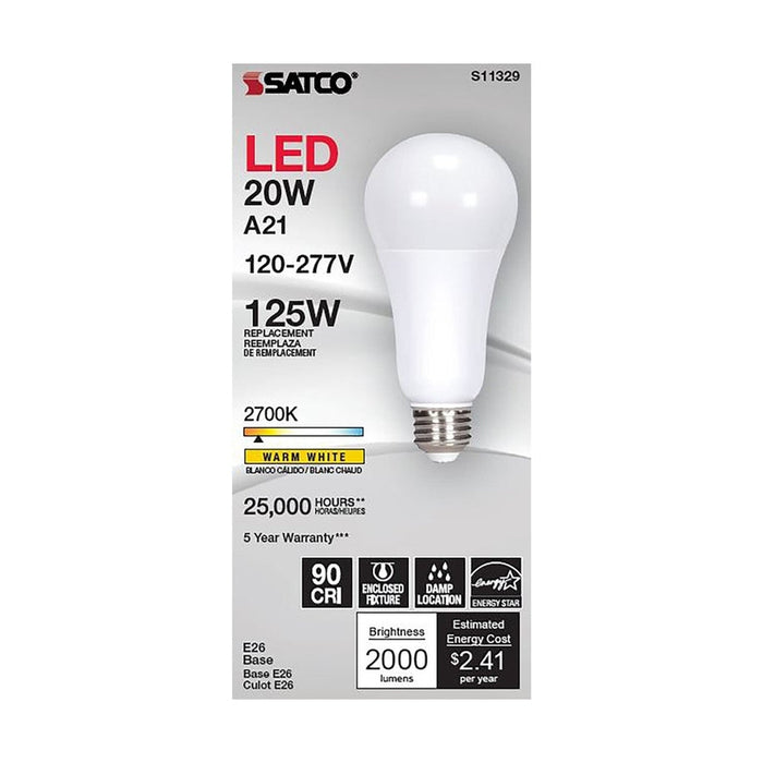 SATCO 20 Watt - A21 LED - 2700K - Medium base - 220 deg. Beam Angle - 120-277 Volt S11329