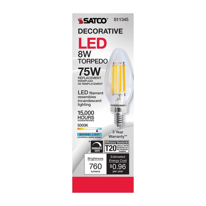 SATCO 8 Watt C11 LED - Clear Finish - Candelabra Base - 5000K - 90 CRI - 800 Lumens - 120 Volt S11345