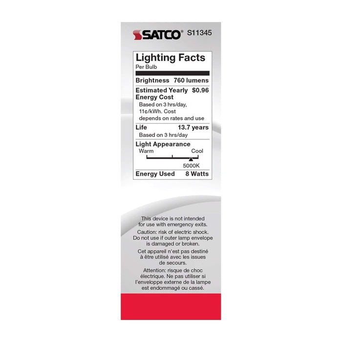 SATCO 8 Watt C11 LED - Clear Finish - Candelabra Base - 5000K - 90 CRI - 800 Lumens - 120 Volt S11345