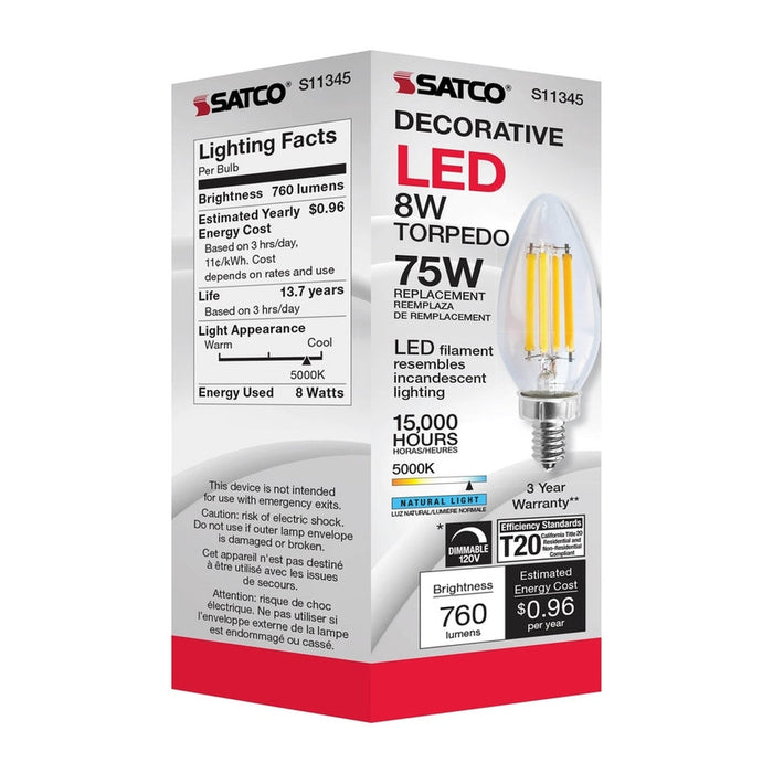 SATCO 8 Watt C11 LED - Clear Finish - Candelabra Base - 5000K - 90 CRI - 800 Lumens - 120 Volt S11345