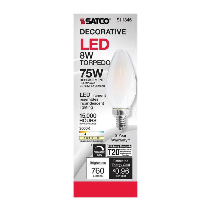 SATCO 8 Watt C11 LED - Frosted Finish - Candelabra Base - 3000K - 90 CRI - 800 Lumens - 120 Volt S11346