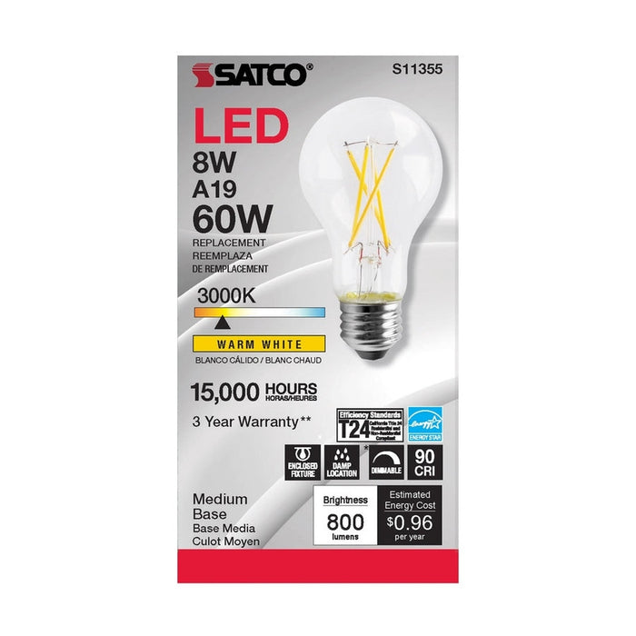 SATCO 8 Watt - A19 LED - Clear - 3000K - Medium base - 120 Volt S11355