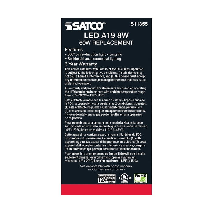 SATCO 8 Watt - A19 LED - Clear - 3000K - Medium base - 120 Volt S11355