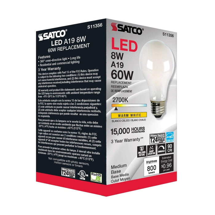 SATCO 8 Watt - A19 LED - Soft White - 2700K - Medium base - 120 Volt S11356