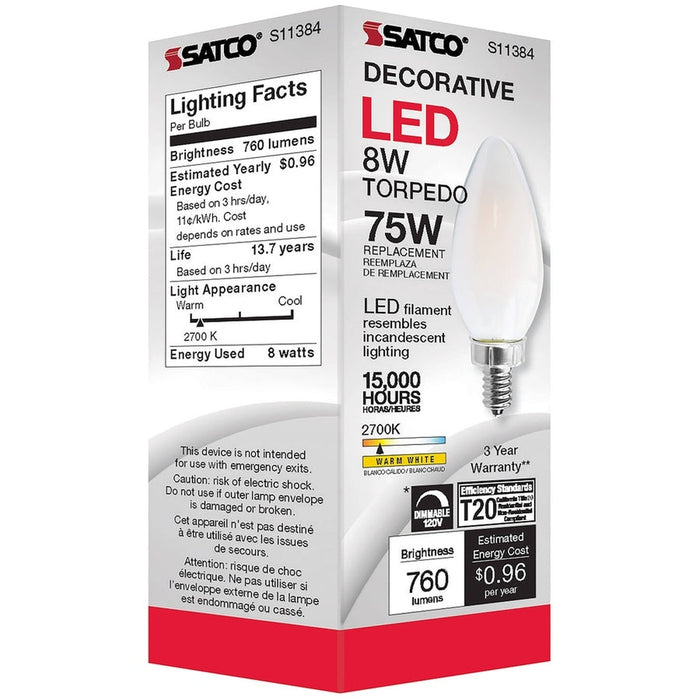 SATCO 8 Watt C11 LED - Frosted - Candelabra base - 2700K - 90 CRI - 760 Lumens - 120 Volt S11384