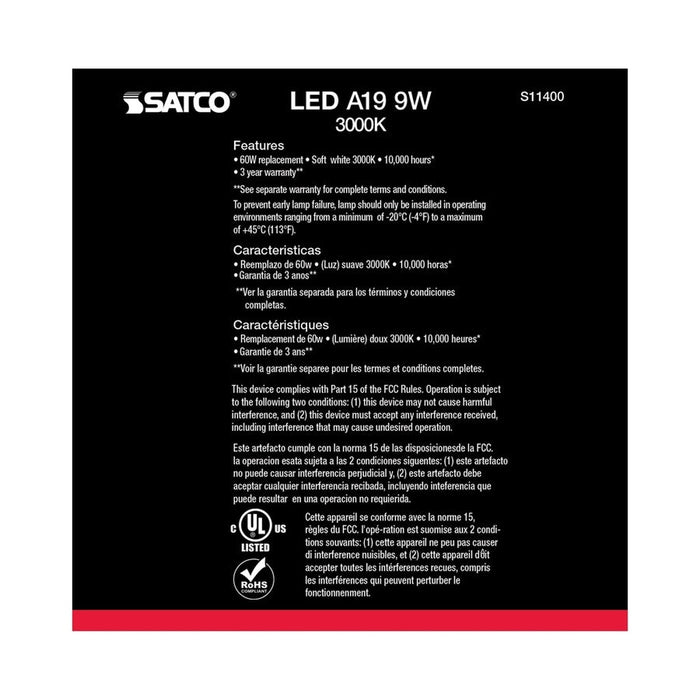 SATCO 9 Watt A19 LED - 3000K - Medium base - 220 deg. Beam Angle - 10-Pack S11400