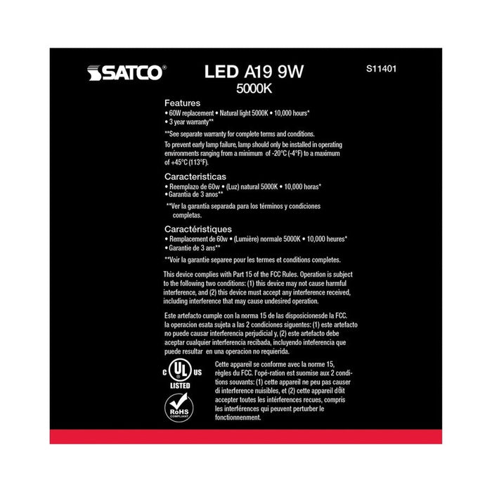 SATCO 9 Watt A19 LED - 5000K - Medium base - 220 deg. Beam Angle - 10-Pack S11401