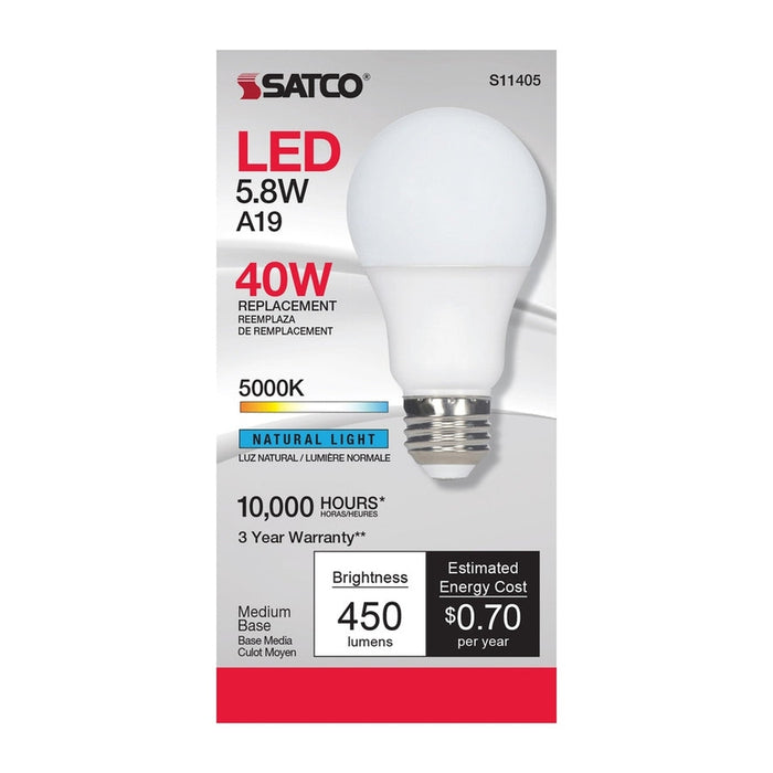 SATCO 5.8 Watt - A19 LED - 5000K - Medium base - 220 deg. Beam Angle -120 Volt S11405