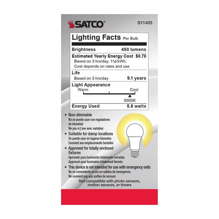 SATCO 5.8 Watt - A19 LED - 5000K - Medium base - 220 deg. Beam Angle -120 Volt S11405