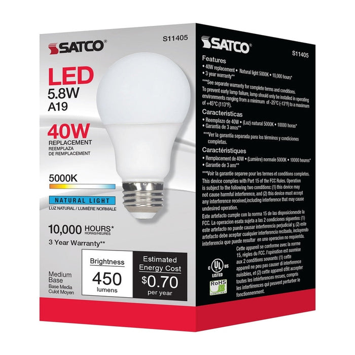 SATCO 5.8 Watt - A19 LED - 5000K - Medium base - 220 deg. Beam Angle -120 Volt S11405