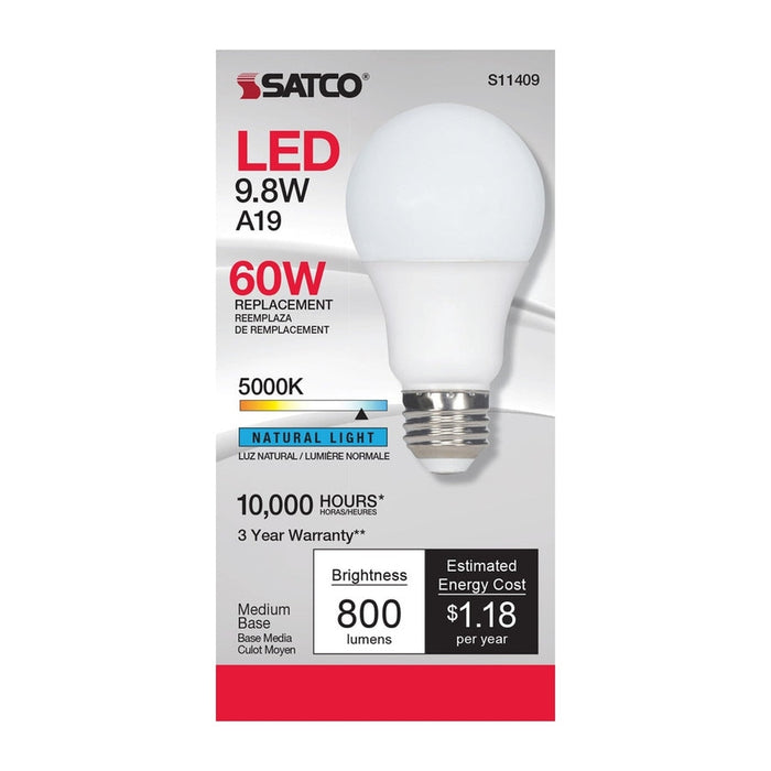 SATCO 9.8 Watt - A19 LED - 5000K - Medium base - 220 deg. Beam Angle -120 Volt S11409