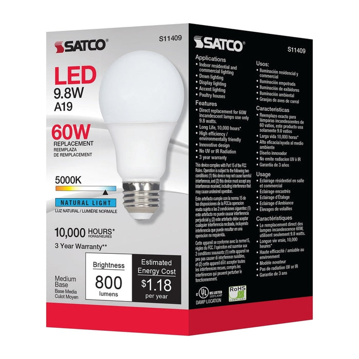 SATCO 9.8 Watt - A19 LED - 5000K - Medium base - 220 deg. Beam Angle -120 Volt S11409