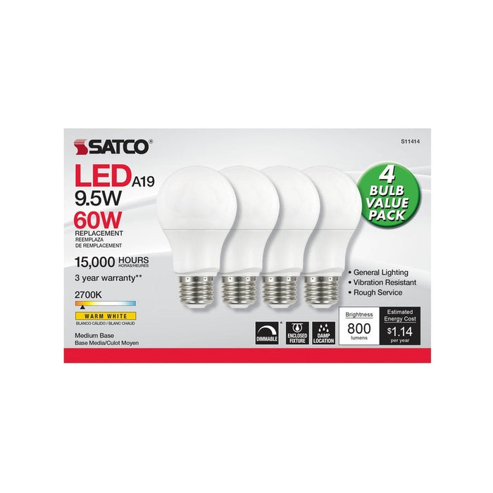 SATCO 9.5 Watt A19 LED - 2700K - Dimmable - Medium base - 230 deg. Beam Angle - 4-pack S11414