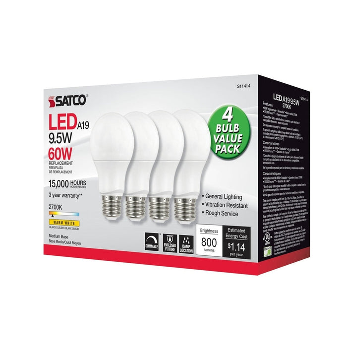 SATCO 9.5 Watt A19 LED - 2700K - Dimmable - Medium base - 230 deg. Beam Angle - 4-pack S11414