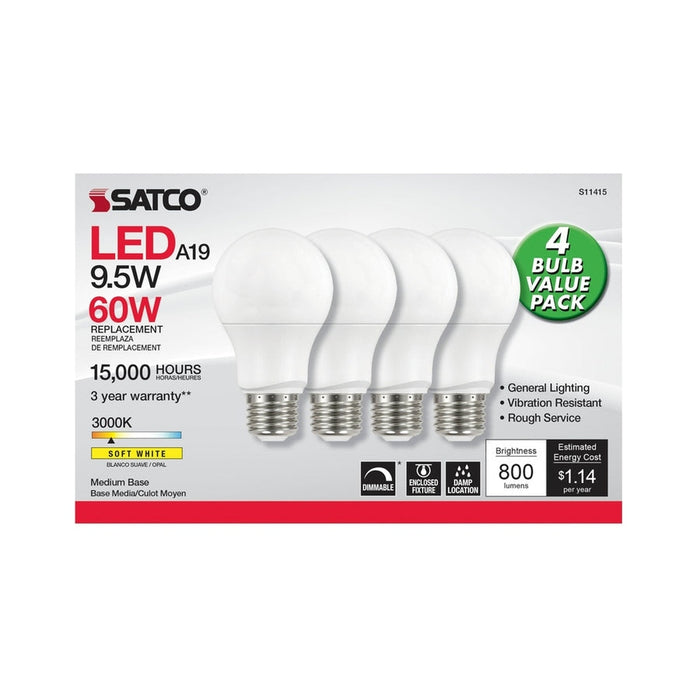 SATCO 9.5 Watt A19 LED - 3000K - Dimmable - Medium base - 230 deg. Beam Angle - 4-pack S11415