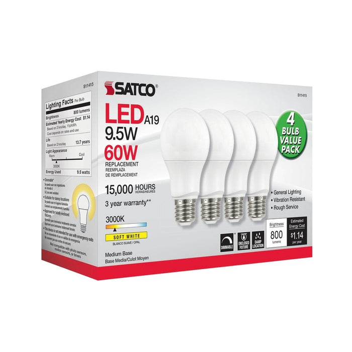 SATCO 9.5 Watt A19 LED - 3000K - Dimmable - Medium base - 230 deg. Beam Angle - 4-pack S11415