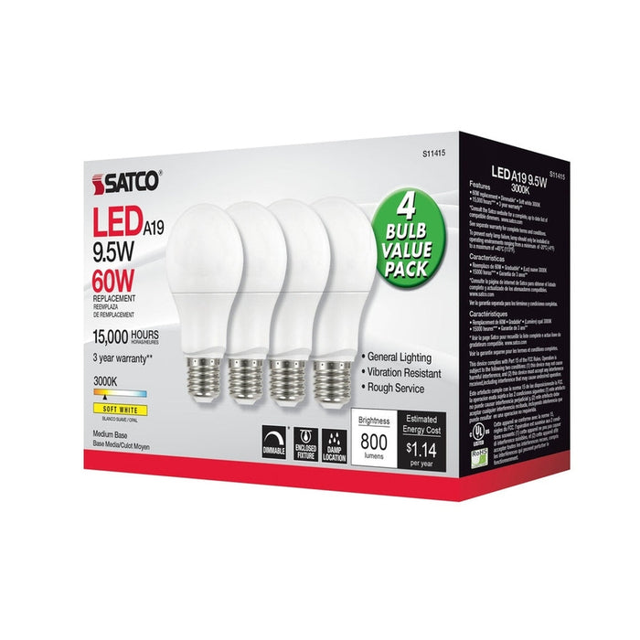 SATCO 9.5 Watt A19 LED - 3000K - Dimmable - Medium base - 230 deg. Beam Angle - 4-pack S11415