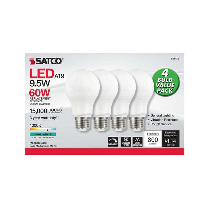 SATCO 9.5 Watt A19 LED - 4000K - Dimmable - Medium base - 230 deg. Beam Angle - 4-pack S11416