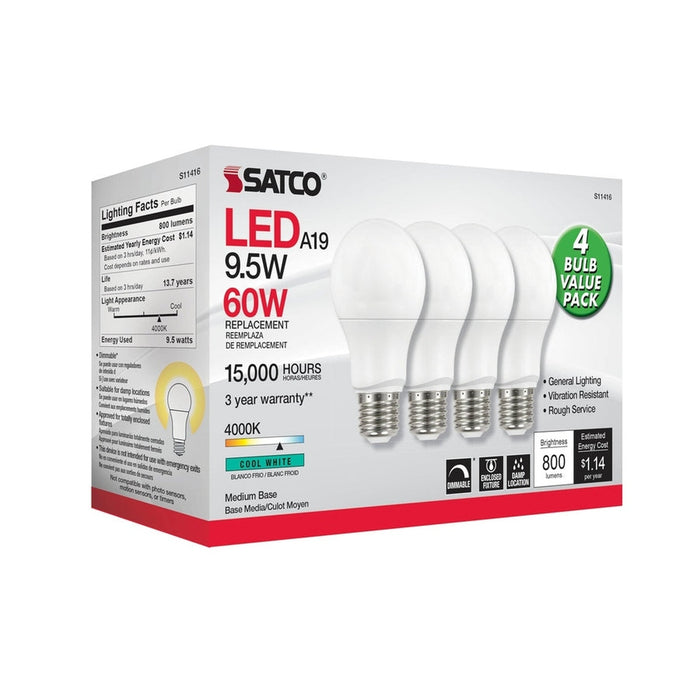 SATCO 9.5 Watt A19 LED - 4000K - Dimmable - Medium base - 230 deg. Beam Angle - 4-pack S11416