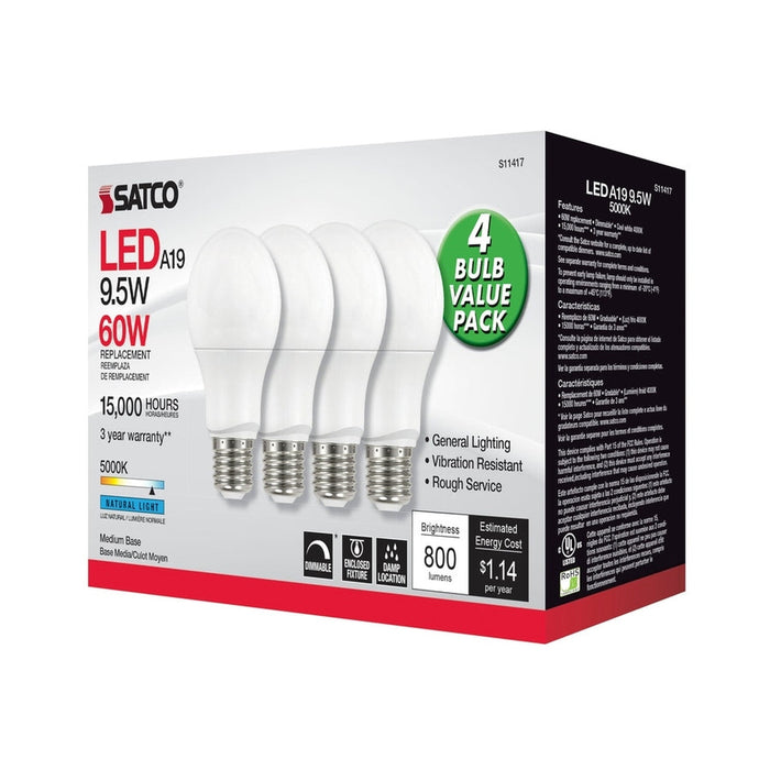 SATCO 9.5 Watt A19 LED - 4000K - Dimmable - Medium base - 230 deg. Beam Angle - 4-pack S11416