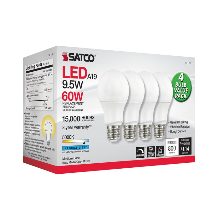 SATCO 9.5 Watt A19 LED - 5000K - Dimmable - Medium base - 230 deg. Beam Angle - 4-pack S11417