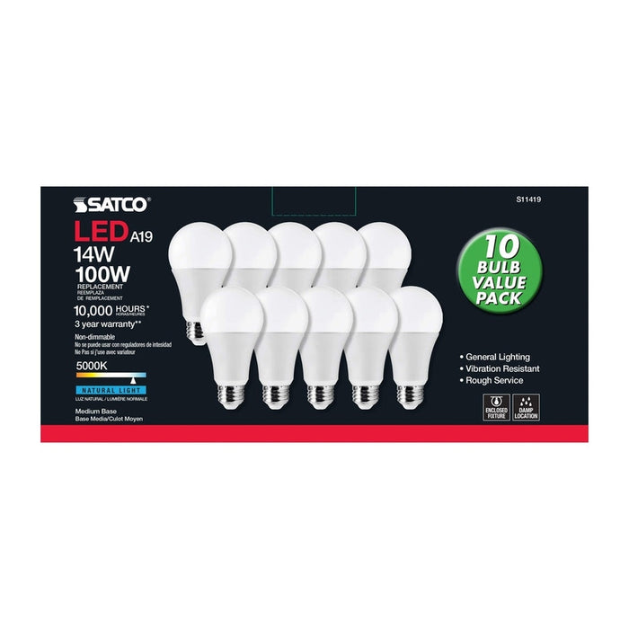 SATCO 14 Watt A19 LED - 5000K - 100 Watt Replacement - Medium base - 220 deg. Beam Angle - 10-Pack S11419