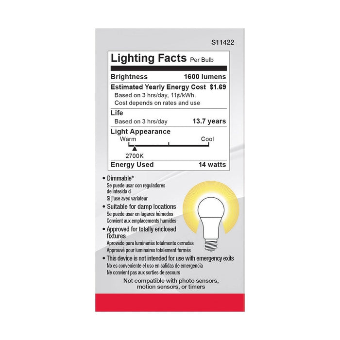 SATCO 14 Watt A19 LED - 2700K - Dimmable - Medium base - 230 deg. Beam Angle - 4-pack S11422