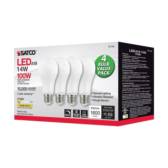 SATCO 14 Watt A19 LED - 2700K - Dimmable - Medium base - 230 deg. Beam Angle - 4-pack S11422