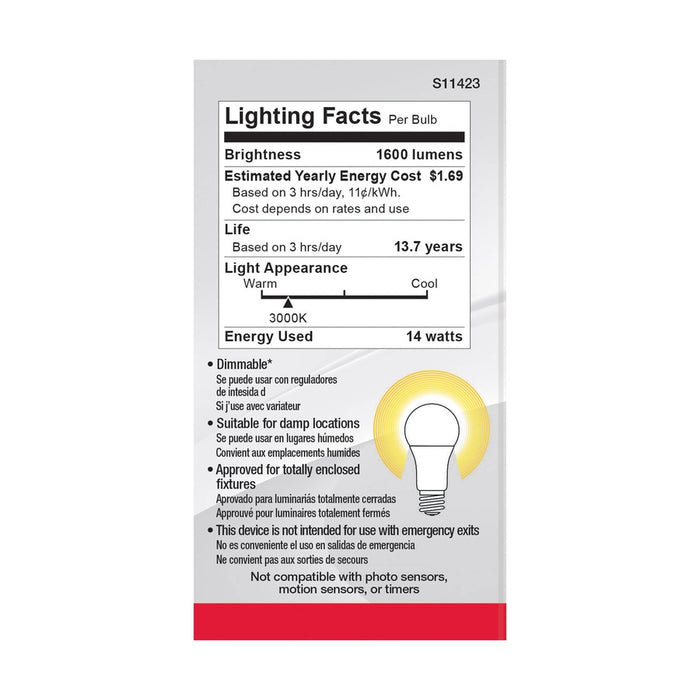 SATCO 14 Watt A19 LED - 3000K - Dimmable - Medium base - 230 deg. Beam Angle - 4-pack S11423