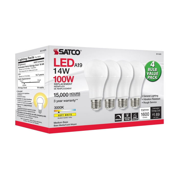 SATCO 14 Watt A19 LED - 3000K - Dimmable - Medium base - 230 deg. Beam Angle - 4-pack S11423