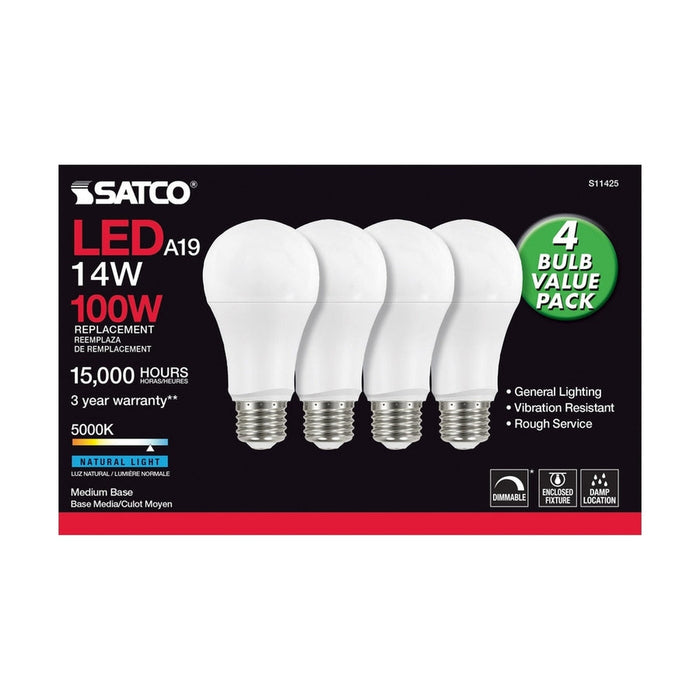 SATCO 14 Watt A19 LED - 5000K - Dimmable - Medium base - 230 deg. Beam Angle - 4-pack S11425