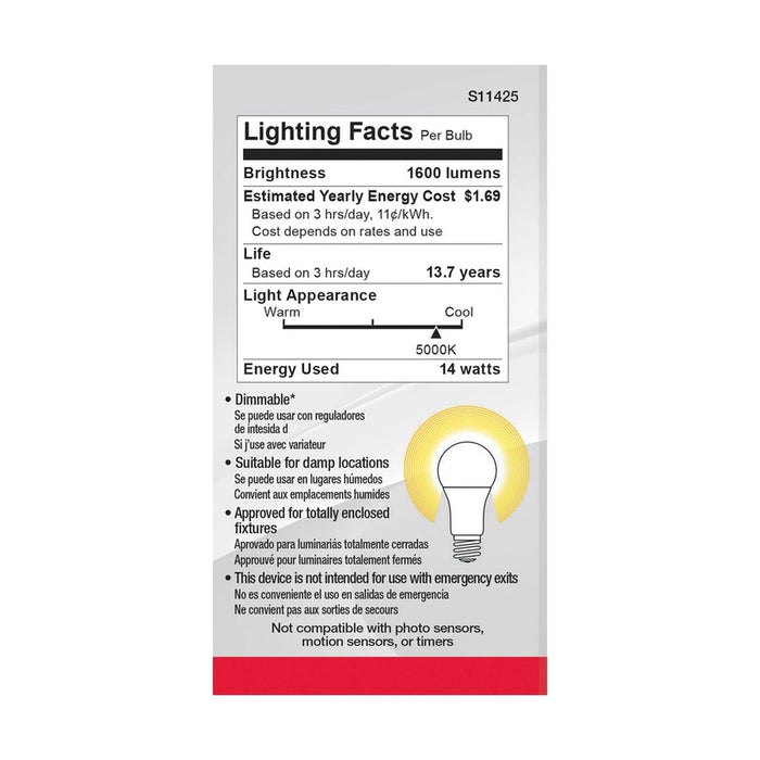 SATCO 14 Watt A19 LED - 5000K - Dimmable - Medium base - 230 deg. Beam Angle - 4-pack S11425