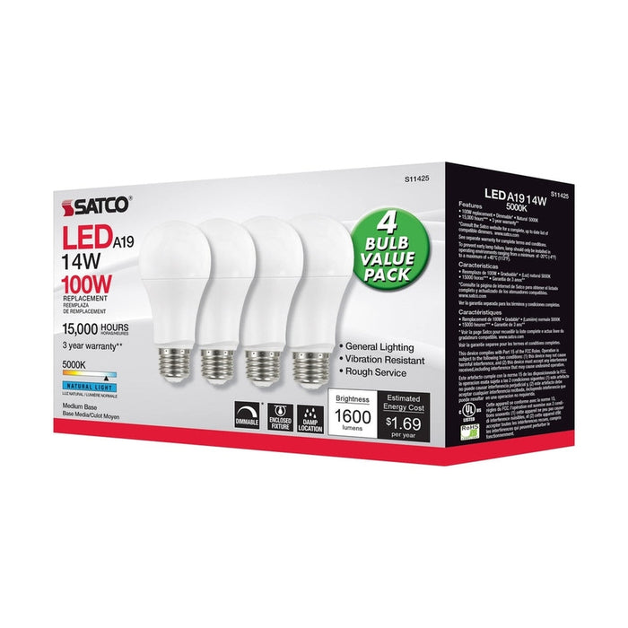 SATCO 14 Watt A19 LED - 5000K - Dimmable - Medium base - 230 deg. Beam Angle - 4-pack S11425