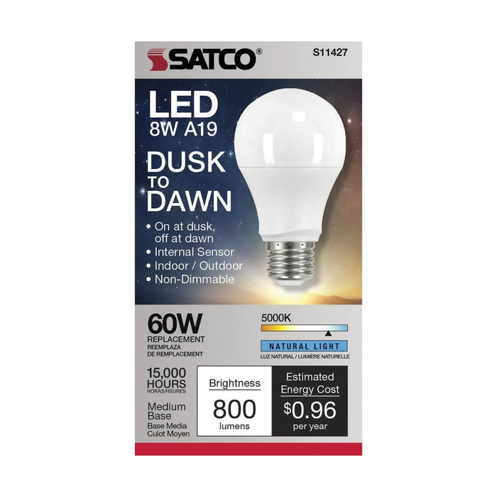 8.5 Watt - A19 LED - Dusk to Dawn With PhotoCell - 5000K - Medium base - 200 deg. Beam Angle - 120 Volt - 6-Pack