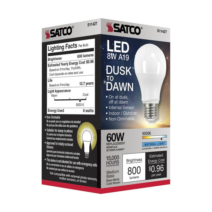 8.5 Watt - A19 LED - Dusk to Dawn With PhotoCell - 5000K - Medium base - 200 deg. Beam Angle - 120 Volt - 6-Pack