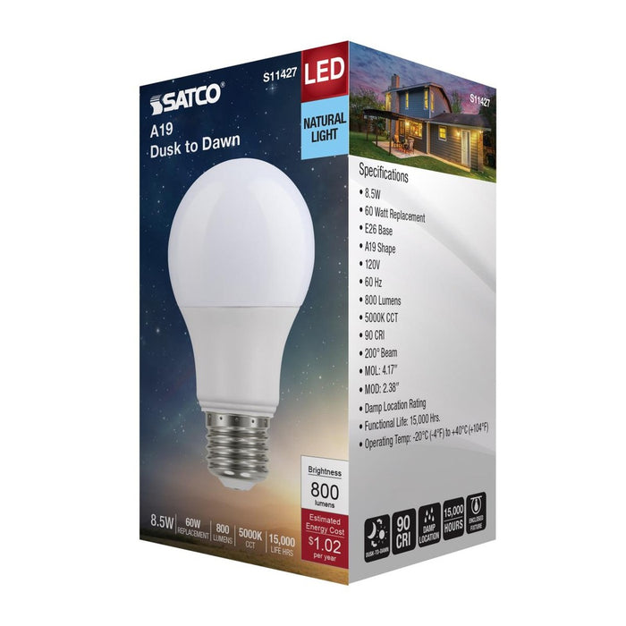 8.5 Watt - A19 LED - Dusk to Dawn With PhotoCell - 5000K - Medium base - 200 deg. Beam Angle - 120 Volt - 6-Pack