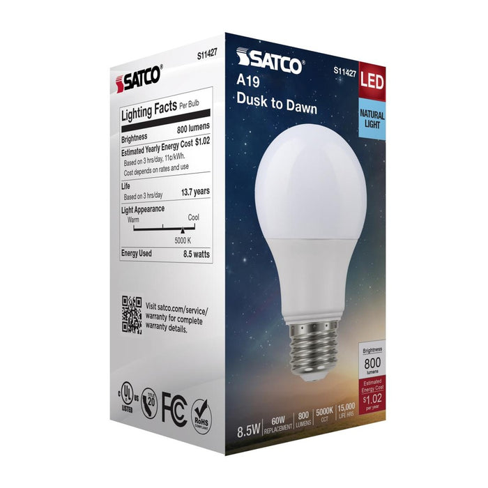 8.5 Watt - A19 LED - Dusk to Dawn With PhotoCell - 5000K - Medium base - 200 deg. Beam Angle - 120 Volt - 6-Pack