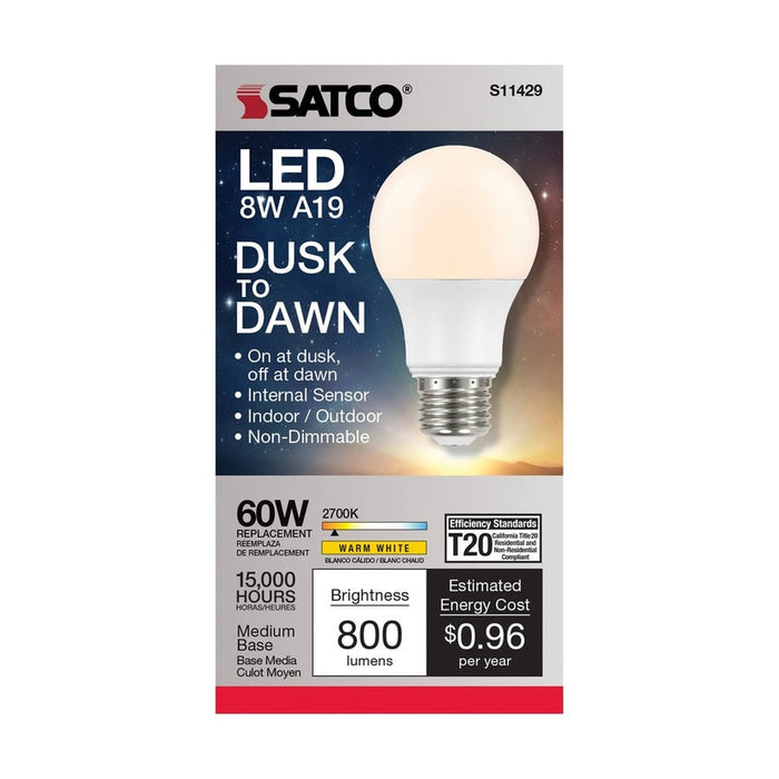 SATCO 8.5 Watt - A19 LED - Dusk to Dawn - 2700K - 90CRI - Medium base - 200 deg. Beam Angle - 120 Volt S11429