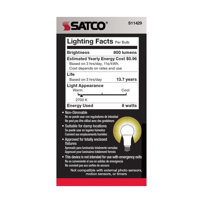 SATCO 8.5 Watt - A19 LED - Dusk to Dawn - 2700K - 90CRI - Medium base - 200 deg. Beam Angle - 120 Volt S11429