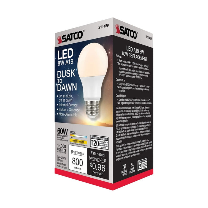 SATCO 8.5 Watt - A19 LED - Dusk to Dawn - 2700K - 90CRI - Medium base - 200 deg. Beam Angle - 120 Volt S11429