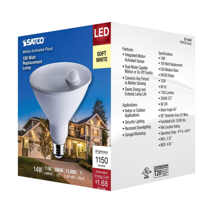 14 Watt PAR38 LED - White - 3000K - 1100 Lumens - 120 Volt - PIR Sensor - Non-Dimmable - 6-Pack