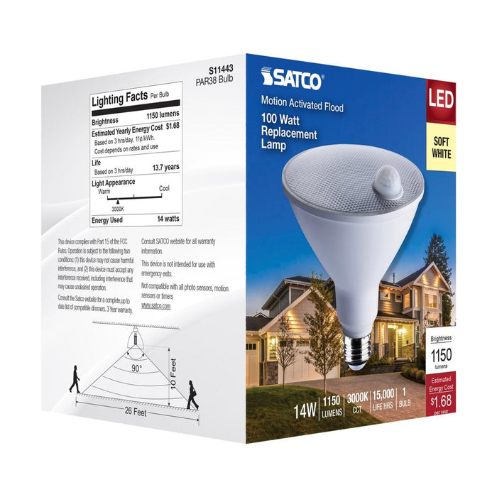 14 Watt PAR38 LED - White - 3000K - 1100 Lumens - 120 Volt - PIR Sensor - Non-Dimmable - 6-Pack