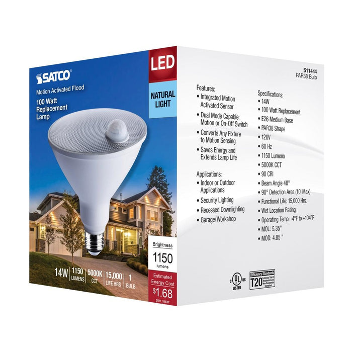 14 Watt PAR38 LED - White - 5000K - 1100 Lumens - 120 Volt - PIR Sensor - Non-Dimmable - 6-Pack