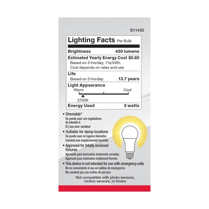 SATCO 5 Watt A19 LED - 2700K - Dimmable - Medium base - 230 deg. Beam Angle - 4-pack S11450